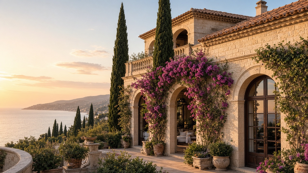 Façade de villa en fin de journée sur la Côte d'Azur